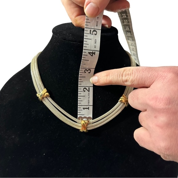 Vtg Unsigned Alice Caviness Gold Tone 3 Strand Mesh Rope Necklace X Bars 15-18” - Picture 8 of 10